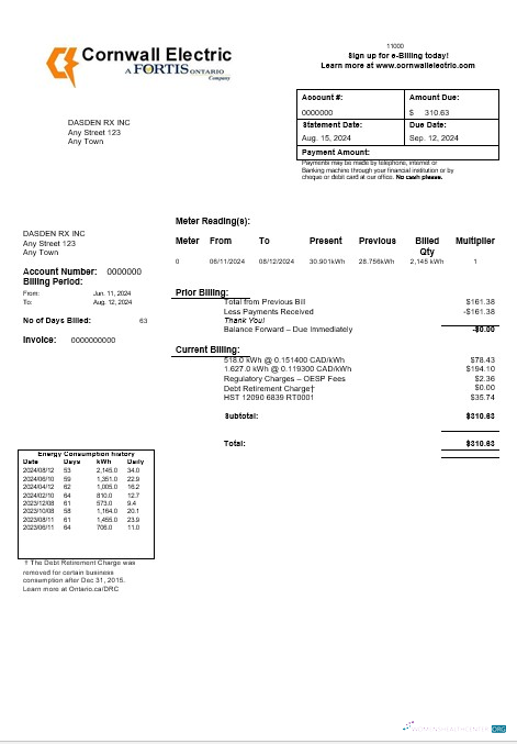 Download USA Cornwall Electric business utility bill template in Word and PDF formats Photoshop template